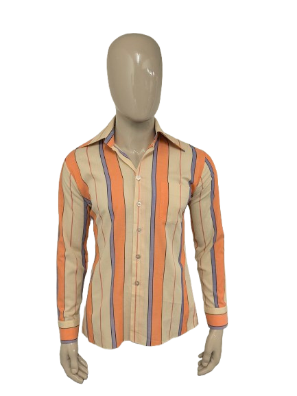 Vintage 70's Scala overhemd met puntkraag. Oranje Beige Paars Roze gestreept. Maat M.