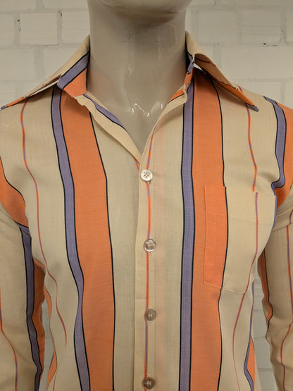 Vintage 70's Scala overhemd met puntkraag. Oranje Beige Paars Roze gestreept. Maat M.