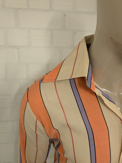 Vintage 70's Scala overhemd met puntkraag. Oranje Beige Paars Roze gestreept. Maat M.