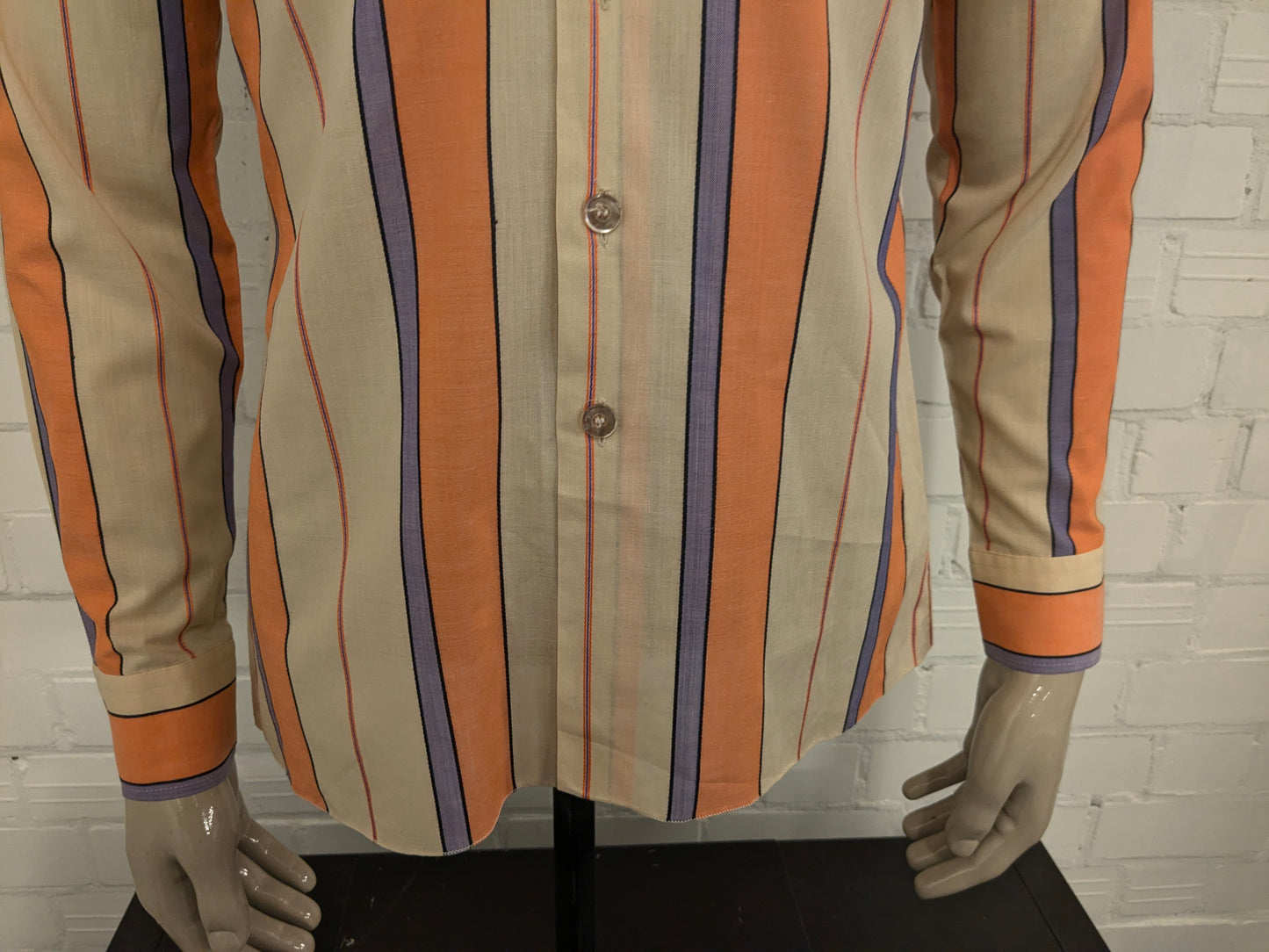 Vintage 70's Scala overhemd met puntkraag. Oranje Beige Paars Roze gestreept. Maat M.