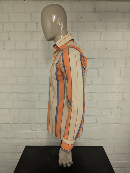 Vintage 70's Scala overhemd met puntkraag. Oranje Beige Paars Roze gestreept. Maat M.