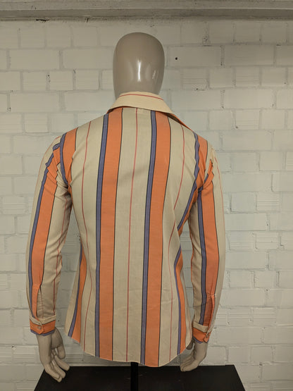 Vintage 70's Scala overhemd met puntkraag. Oranje Beige Paars Roze gestreept. Maat M.