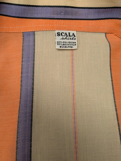 Vintage 70's Scala overhemd met puntkraag. Oranje Beige Paars Roze gestreept. Maat M.
