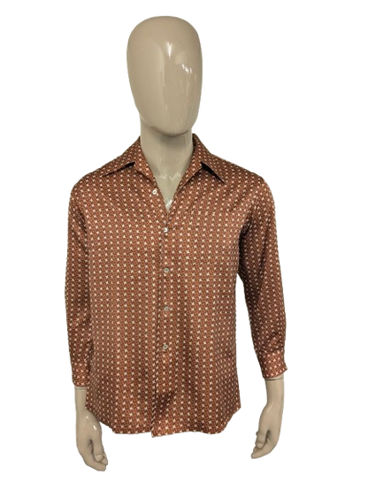 Vintage 70's Hardlion overhemd met puntkraag. Beige Bruine print. Maat M.