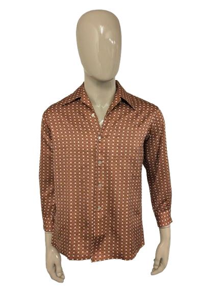 Vintage 70's Hardlion overhemd met puntkraag. Beige Bruine print. Maat M.