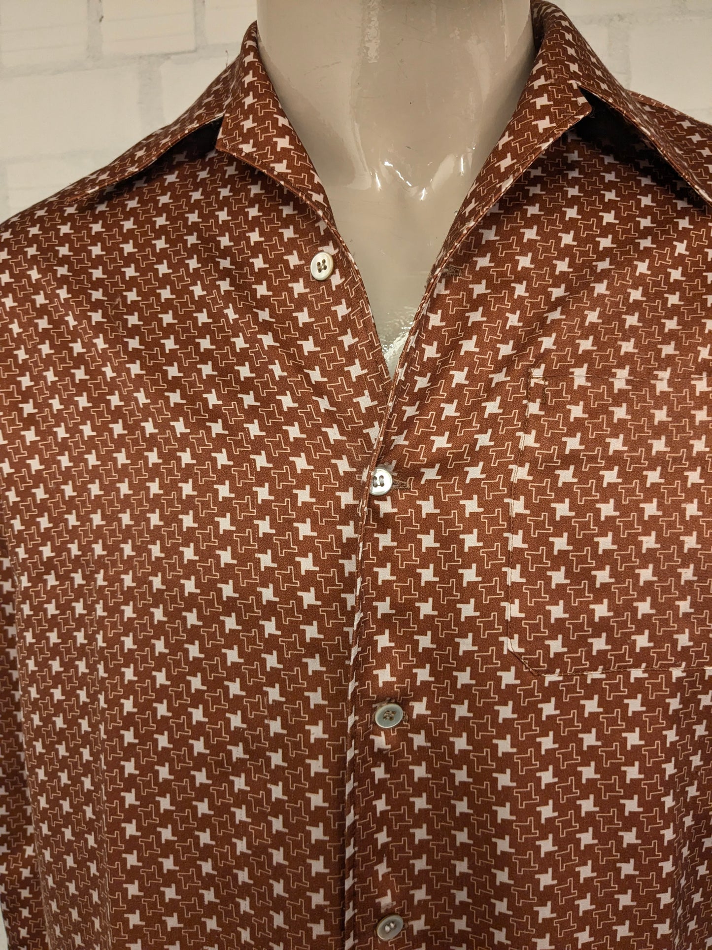 Vintage 70's Hardlion overhemd met puntkraag. Beige Bruine print. Maat M.