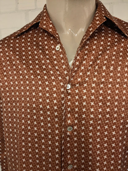 Vintage 70's Hardlion overhemd met puntkraag. Beige Bruine print. Maat M.