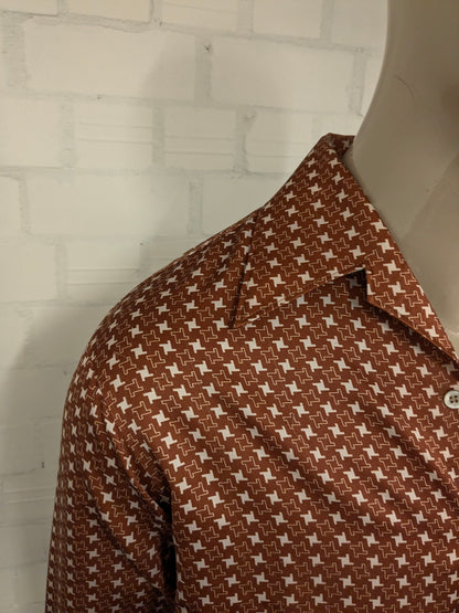 Vintage 70's Hardlion overhemd met puntkraag. Beige Bruine print. Maat M.