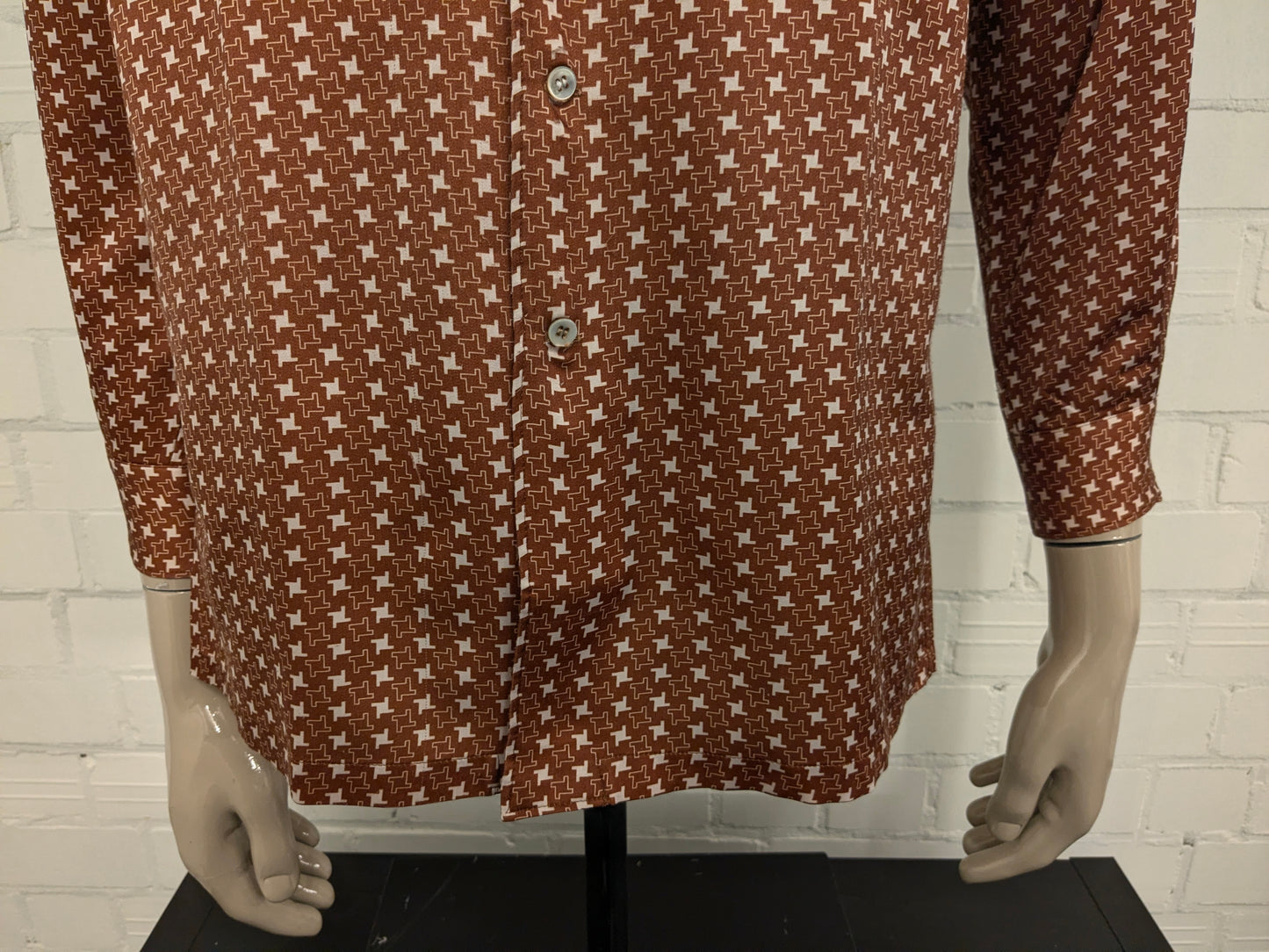 Vintage 70's Hardlion overhemd met puntkraag. Beige Bruine print. Maat M.