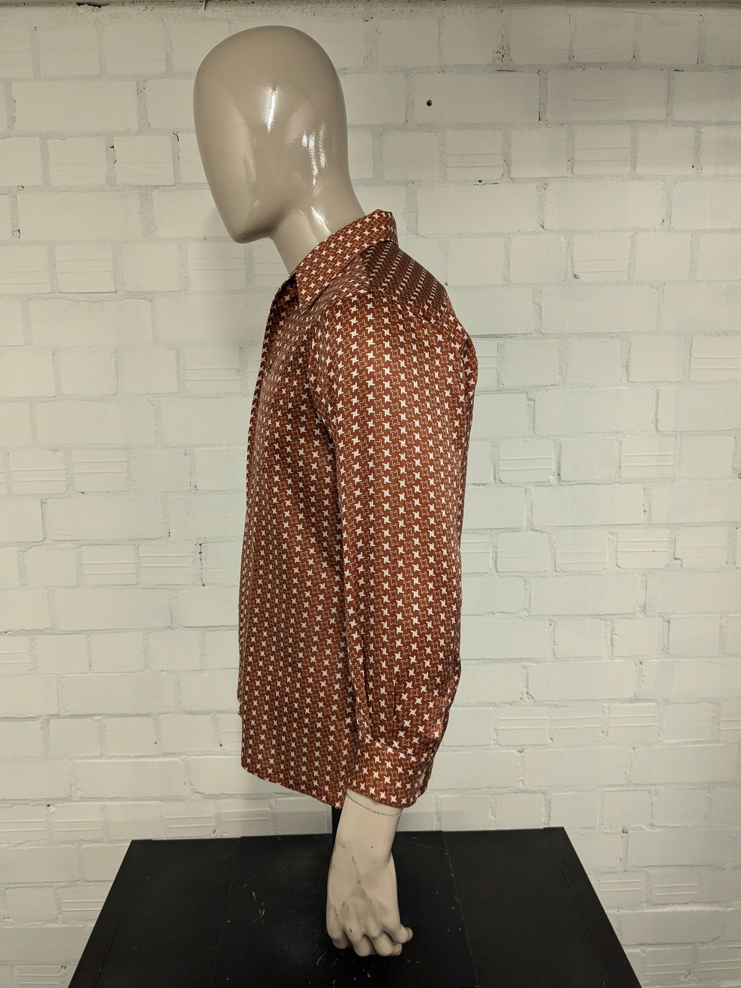 Vintage 70's Hardlion overhemd met puntkraag. Beige Bruine print. Maat M.