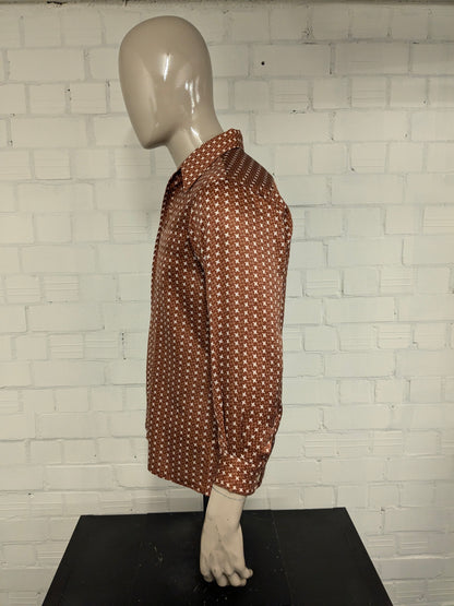 Vintage 70's Hardlion overhemd met puntkraag. Beige Bruine print. Maat M.