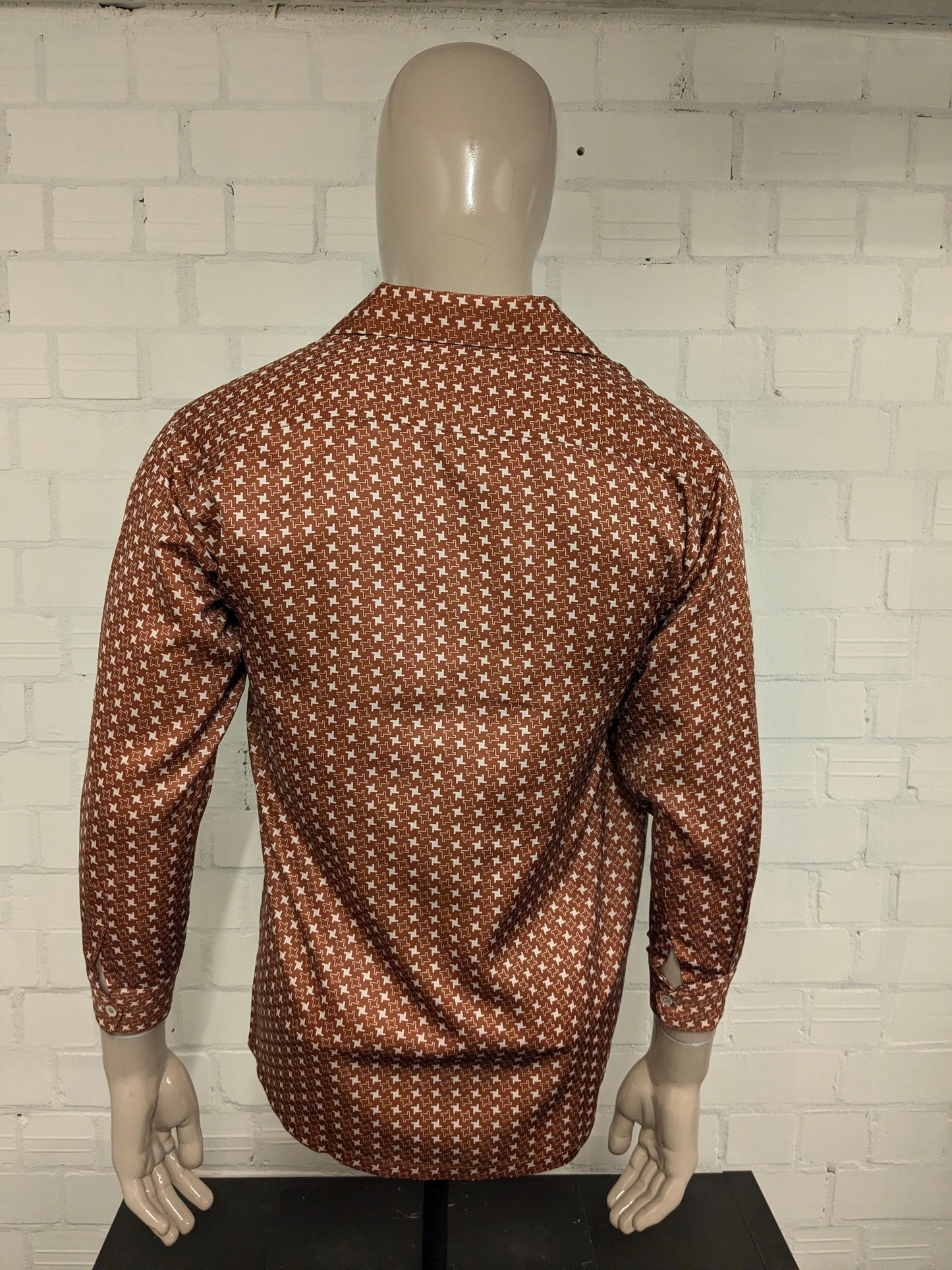 Vintage 70's Hardlion overhemd met puntkraag. Beige Bruine print. Maat M.
