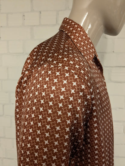 Vintage 70's Hardlion overhemd met puntkraag. Beige Bruine print. Maat M.