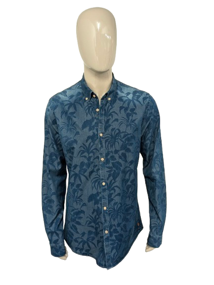 Scotch & Soda overhemd. Blauwe Bladeren print. Maat 2XL / XXL > XL.