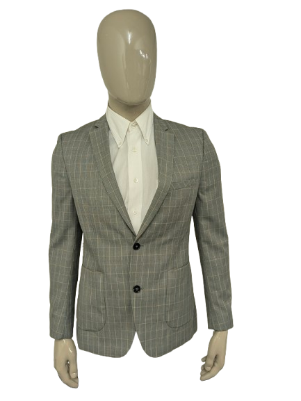 Veste en laine WE Fashion. Gris Noir Beige à carreaux. Taille 48/M. coupe ajustée.