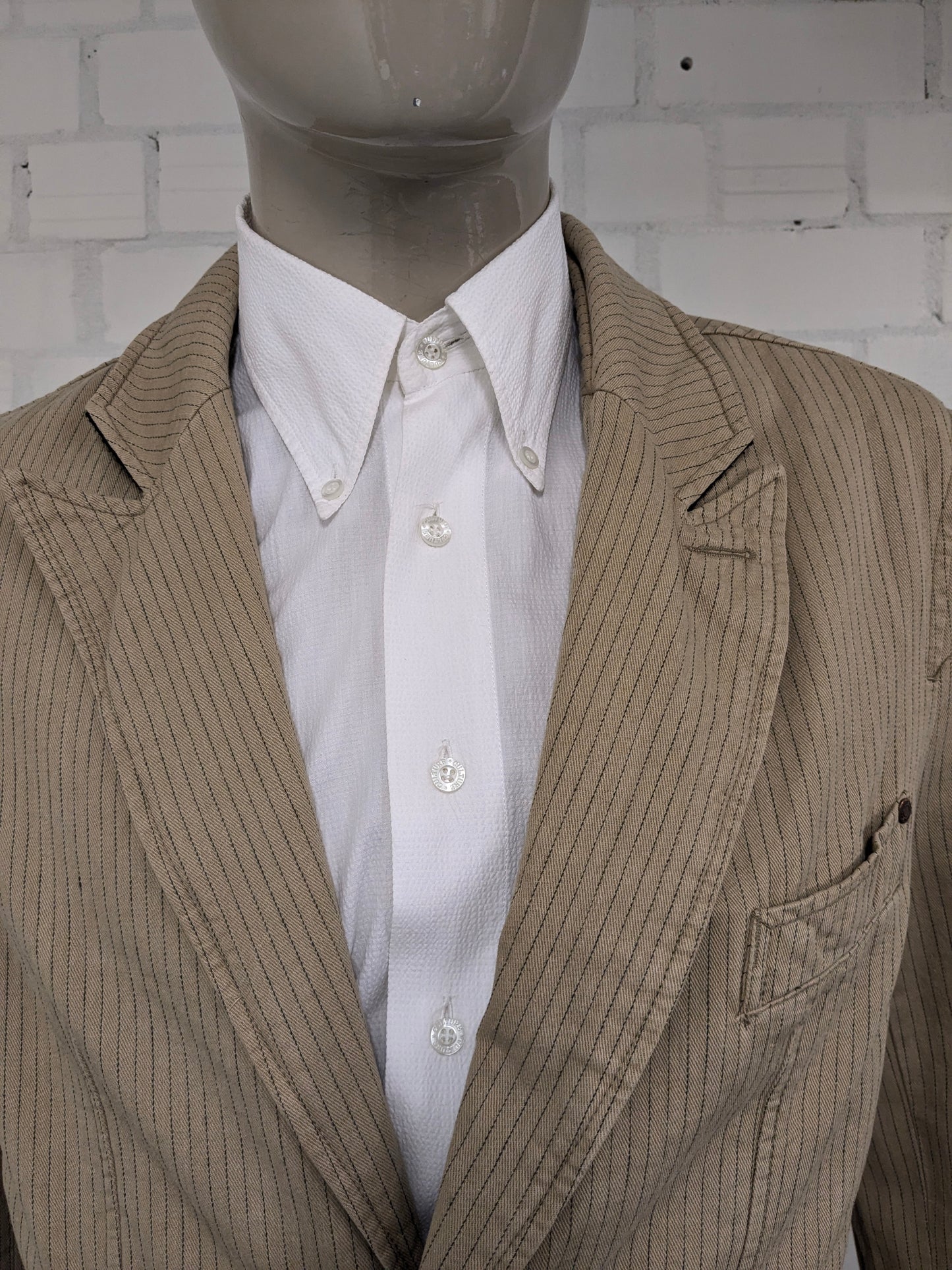 Vintage Angelo Litrico Casual colbert. Beige Grijs gestreept. Maat XL.