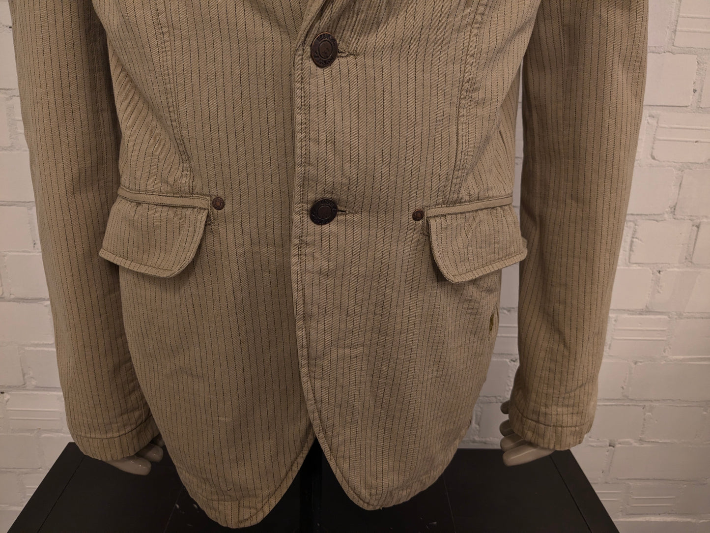 Vintage Angelo Litrico Casual colbert. Beige Grijs gestreept. Maat XL.