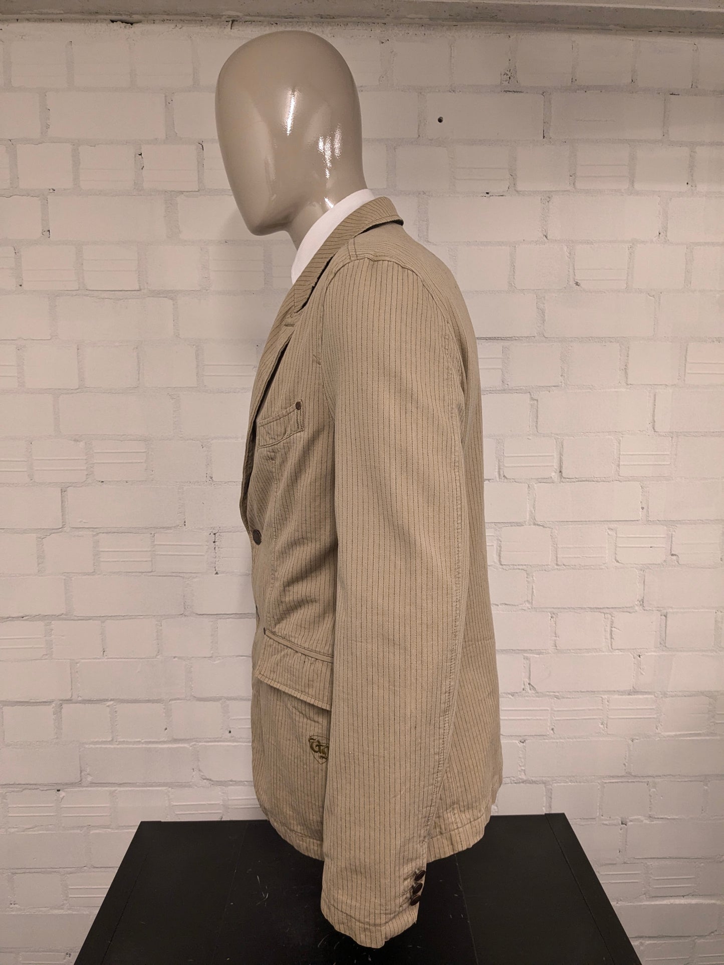Vintage Angelo Litrico Casual colbert. Beige Grijs gestreept. Maat XL.