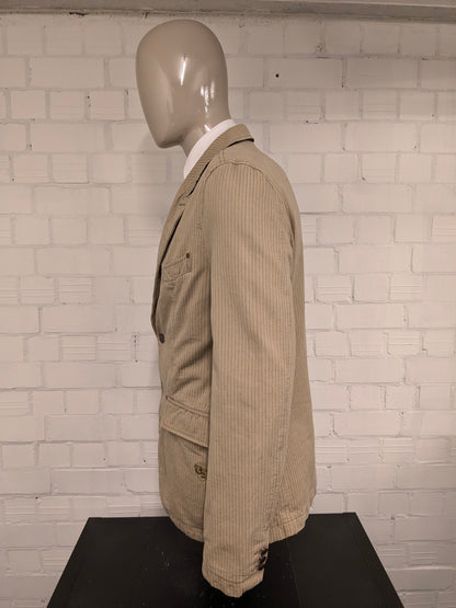 Vintage Angelo Litrico Casual colbert. Beige Grijs gestreept. Maat XL.