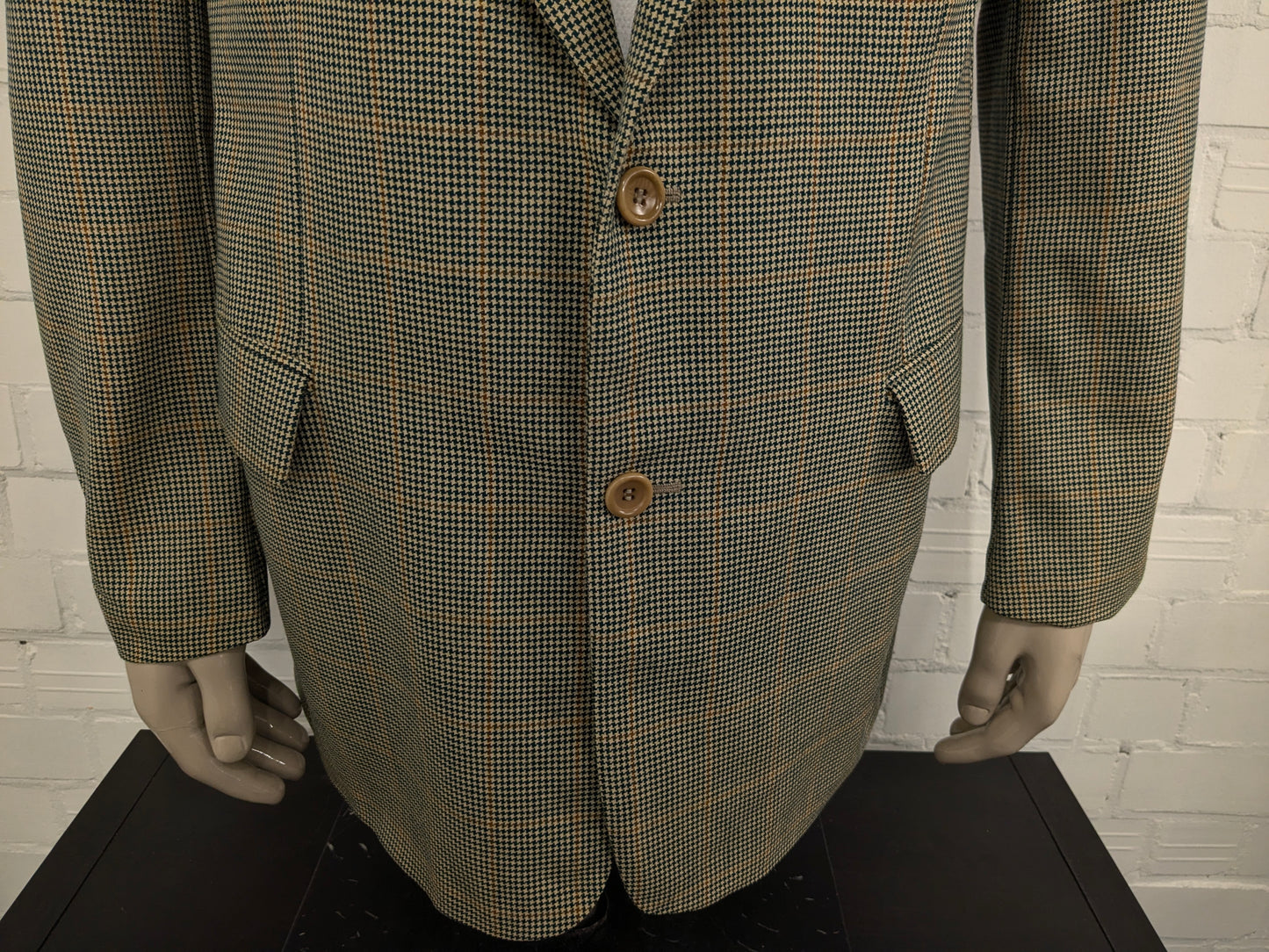 Vintage Hugo Boss colbert. Groen Bruin motief. Maat 106 (52 / L) Lang model.