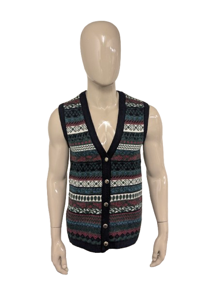 Vintage City Limit Wollen spencer / gilet met mooie knopen. Groen Blauw Rood motief. Maat M. 30% Wol.