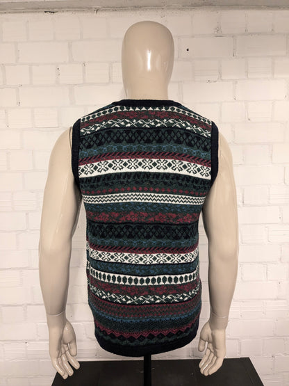 Vintage City Limit Wollen spencer / gilet met mooie knopen. Groen Blauw Rood motief. Maat M. 30% Wol.