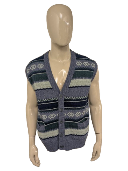 Vintage Glenfield Woolen Spencer / Weste. Grün-blaues Motiv. Größe L. 80 % Wolle.
