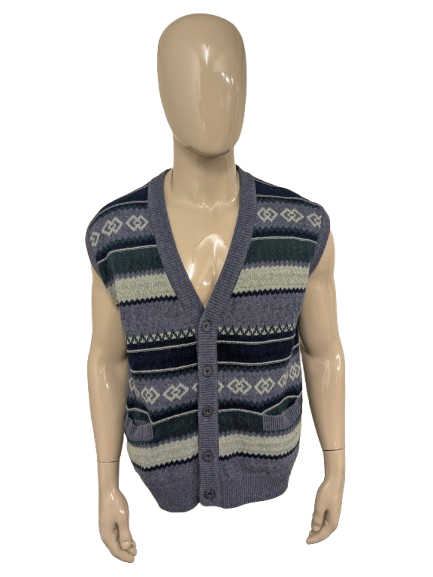 Vintage Glenfield Wollen spencer / gilet. Groen Blauw motief. Maat L. 80% Wol.