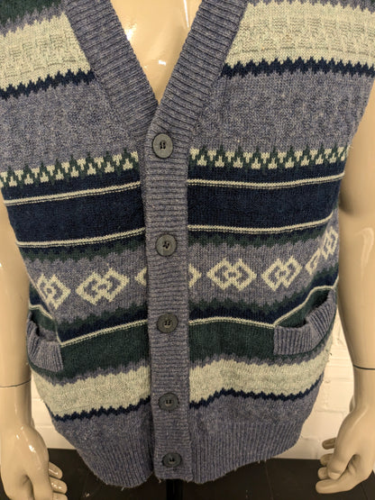 Vintage Glenfield Woolen Spencer / Weste. Grün-blaues Motiv. Größe L. 80 % Wolle.