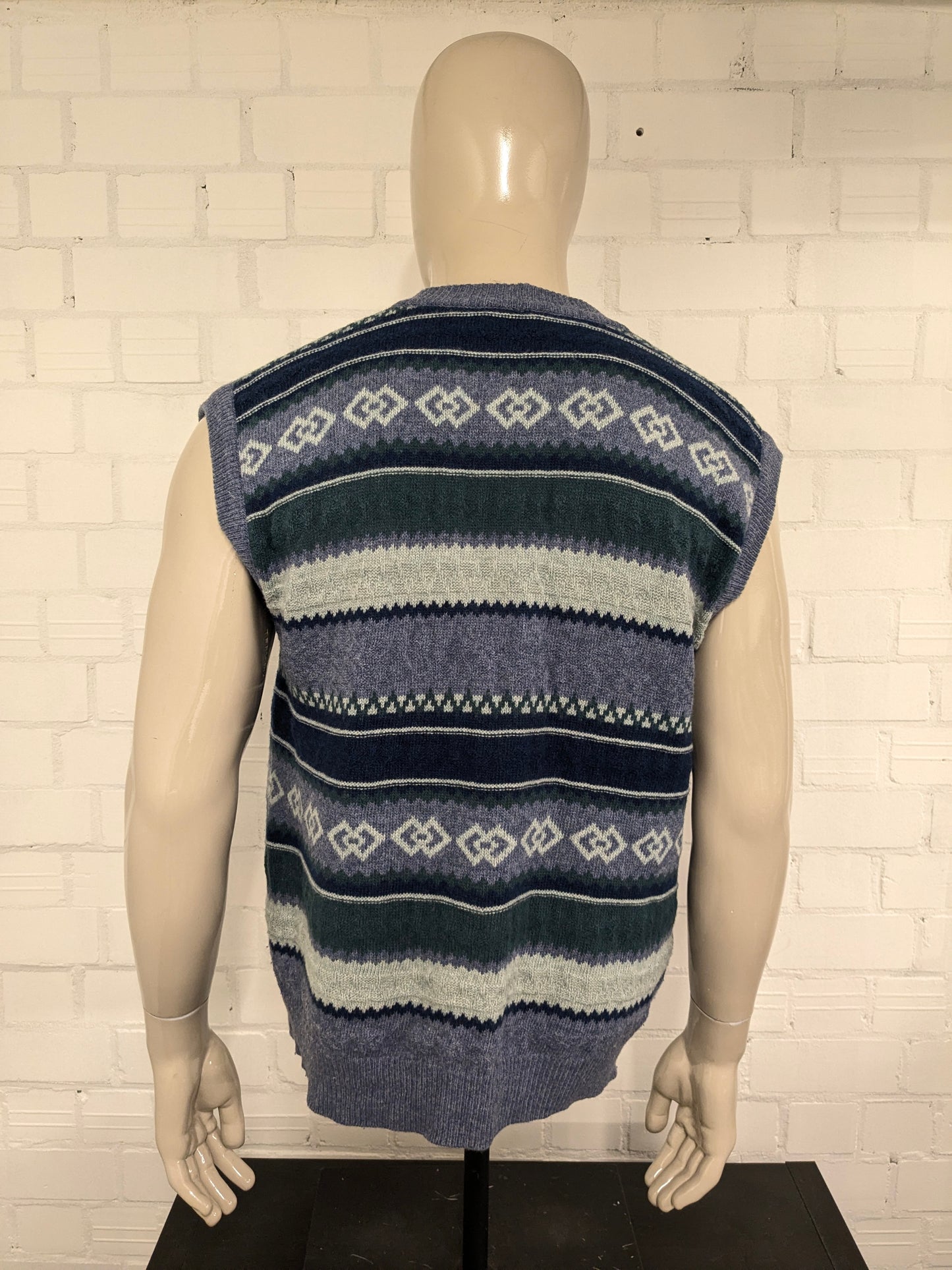 Vintage Glenfield Woolen Spencer / Weste. Grün-blaues Motiv. Größe L. 80 % Wolle.