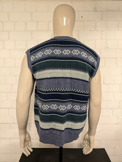 Vintage Glenfield Woolen Spencer / Weste. Grün-blaues Motiv. Größe L. 80 % Wolle.