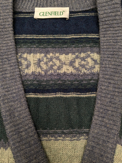 Vintage Glenfield Woolen Spencer / Weste. Grün-blaues Motiv. Größe L. 80 % Wolle.