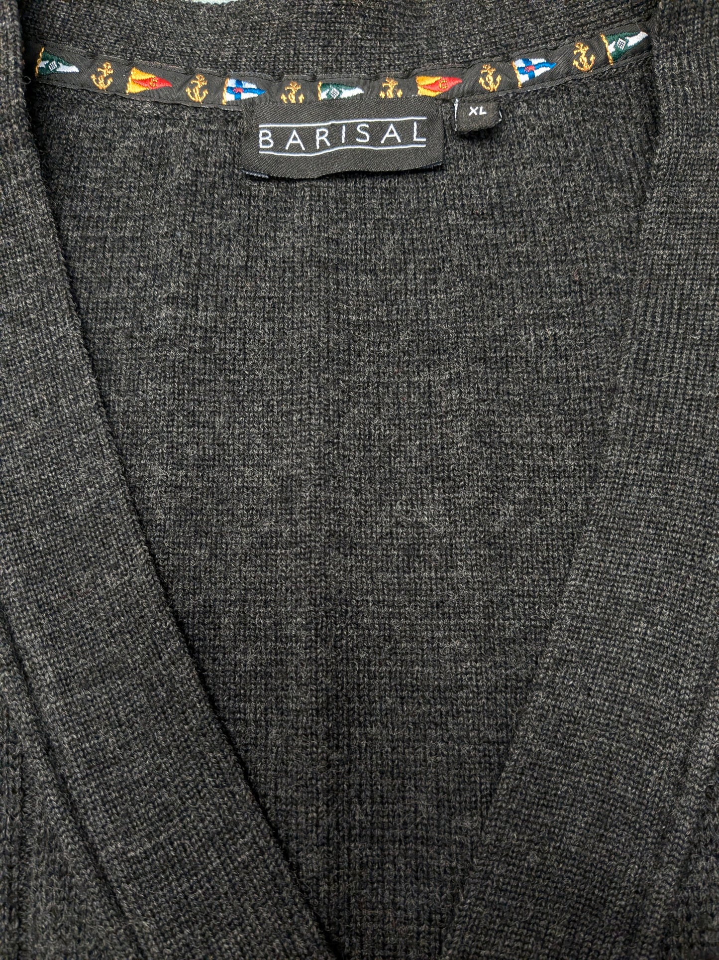 Vintage Barisal Wollen spencer / gilet. Donker Grijs gemêleerd. Maat XL. 50% Wol.