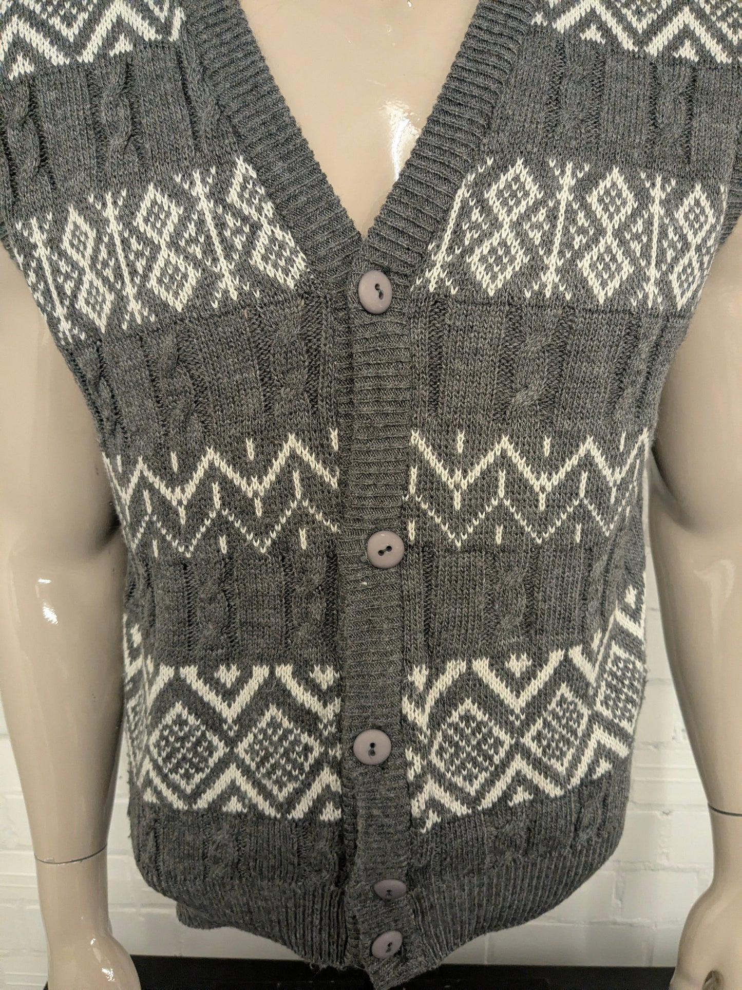 Vintage C&A spencer / gilet. Grijs Wit motief. Maat L.