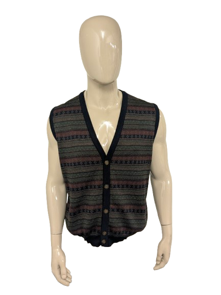 Monte Catini Willen spencer / gilet. Blauw Groen  Bruin Rood motief. Maat L. 50% Wol.