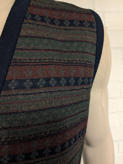 Monte Catini Willen spencer / gilet. Blauw Groen  Bruin Rood motief. Maat L. 50% Wol.