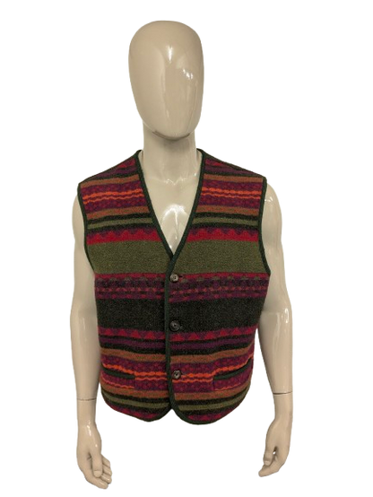 Vintage Umberto Tozzi Wollweste. Rot-orange-grünes Motiv. Größe XL.