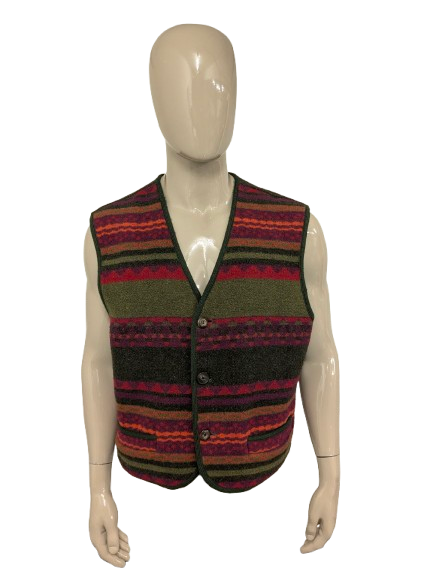 Vintage Umberto Tozzi Wollen gilet. Rood Oranje Groen motief. Maat XL.