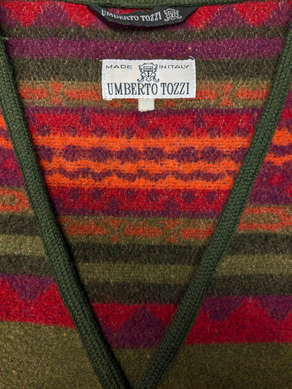 Vintage Umberto Tozzi Wollweste. Rot-orange-grünes Motiv. Größe XL.