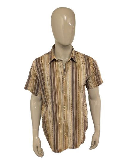 Vintage Tipo's overhemd korte mouw. Bruin Gele print met mini franjes. Maat XL. slim.