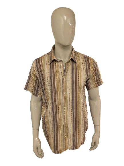 Vintage Tipo's overhemd korte mouw. Bruin Gele print met mini franjes. Maat XL. slim.