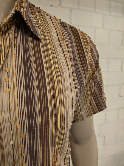 Vintage Tipo's overhemd korte mouw. Bruin Gele print met mini franjes. Maat XL. slim.
