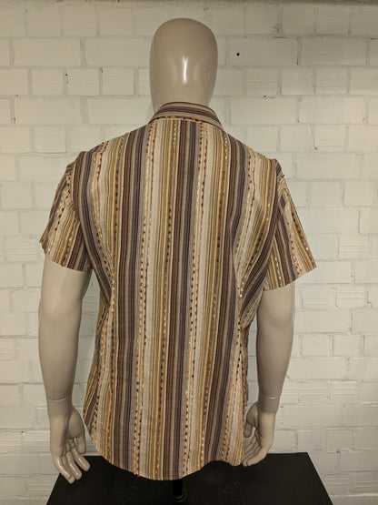 Vintage Tipo's overhemd korte mouw. Bruin Gele print met mini franjes. Maat XL. slim.