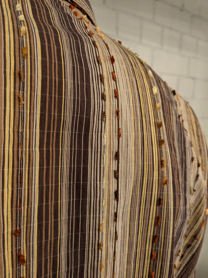 Vintage Tipo's overhemd korte mouw. Bruin Gele print met mini franjes. Maat XL. slim.