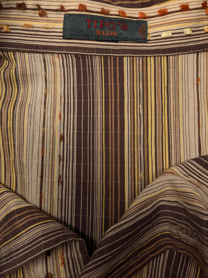 Vintage Tipo's overhemd korte mouw. Bruin Gele print met mini franjes. Maat XL. slim.