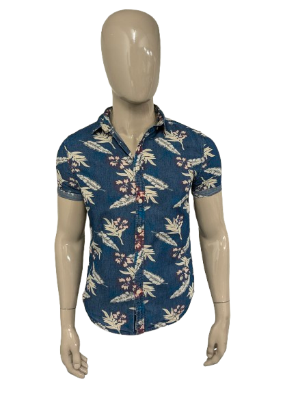 Superdry overhemd korte mouw. Blauw Paars Beige bloemen print. Maat M. regular fit.