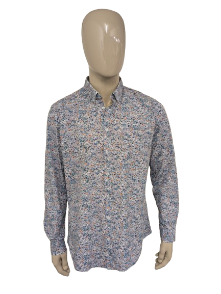 Terre Bleue overhemd. Paars Groen Oranje bloemen print. Maat XL. regular fit.