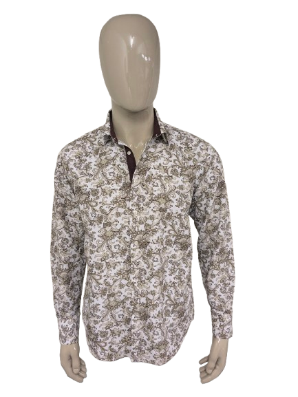 Chemise Yves Enzo. Imprimé Blanc Vert Marron.  Taille L.