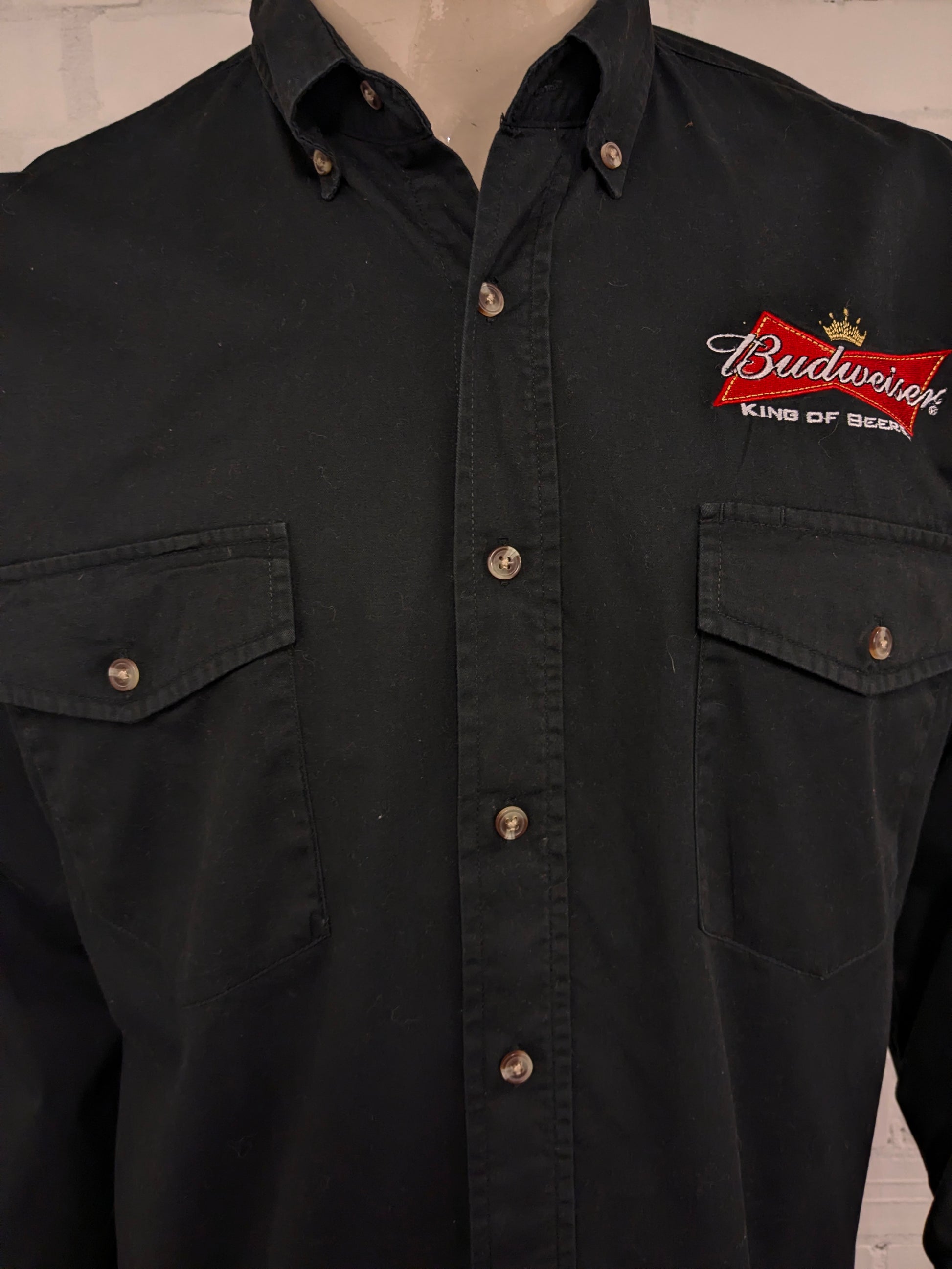 budweiser dress shirt Budweiser Beer Button Up Shirt Large LS Medium Buttons Blue Plaid