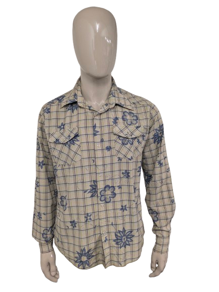 Vintage Quickmatch-Hemd mit Druckknöpfen und spitzem Kragen – grün/blau/gelb/lila – Größe XL